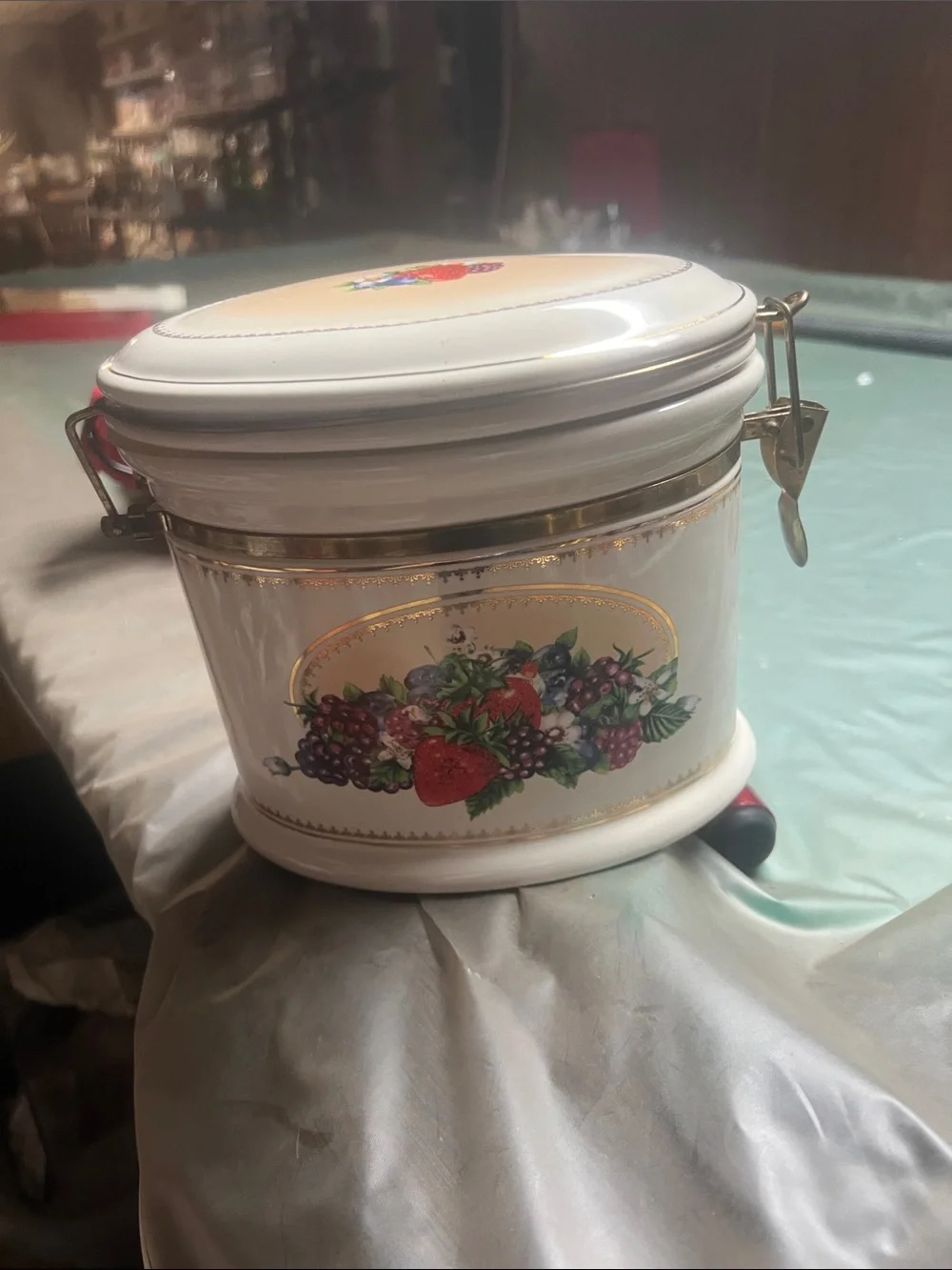 Vintage White Ceramic Fruit Canister with Airtight Clamp Lid
